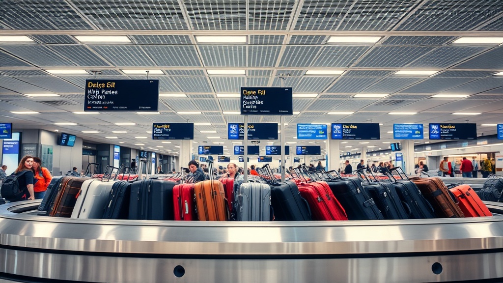 공항 체크인 구역의 수하물 컨베이어 벨트 위에 놓인 다양한 크기의 여행 가방들