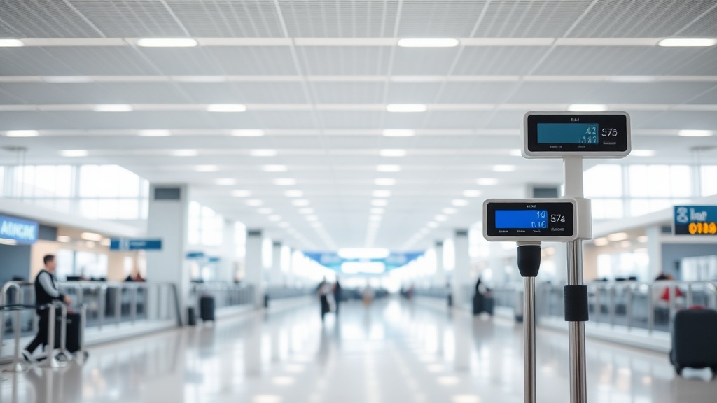 공항 체크인 구역에 설치된 수하물 크기 측정 프레임과 디지털 무게 저울의 전경