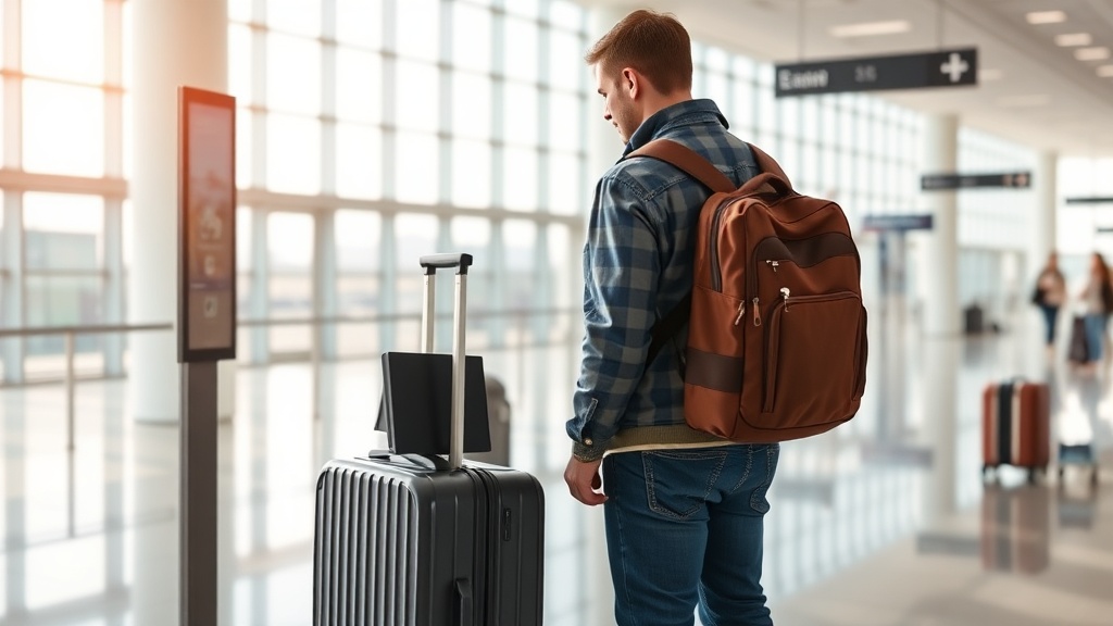 공항에서 기내 수하물 크기를 측정하는 박스 옆에 승객이 서 있는 모습