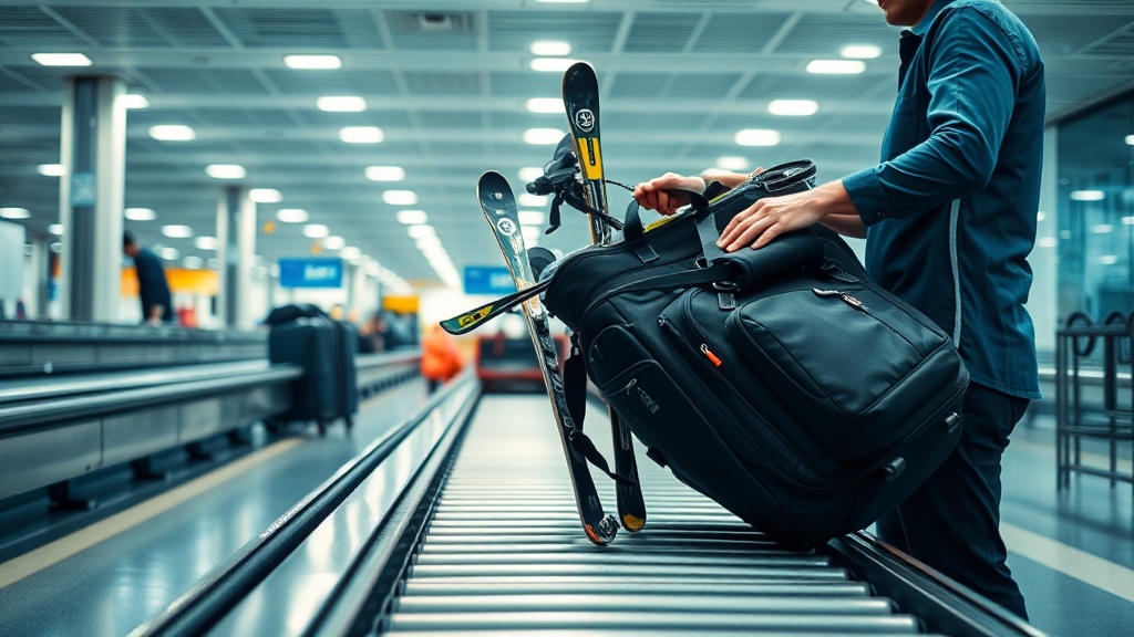 공항 수하물 처리 구역에서 직원이 골프백과 스키 장비를 컨베이어 벨트에 올리는 장면