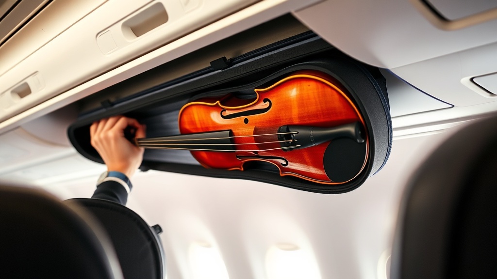 항공기 기내에서 승객이 바이올린 케이스를 좌석 상단 선반에 보관하는 모습